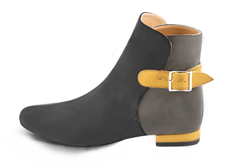 Dark grey and mustard yellow women's ankle boots with buckles at the back. Round toe. Flat block heels. Profile view - Florence KOOIJMAN